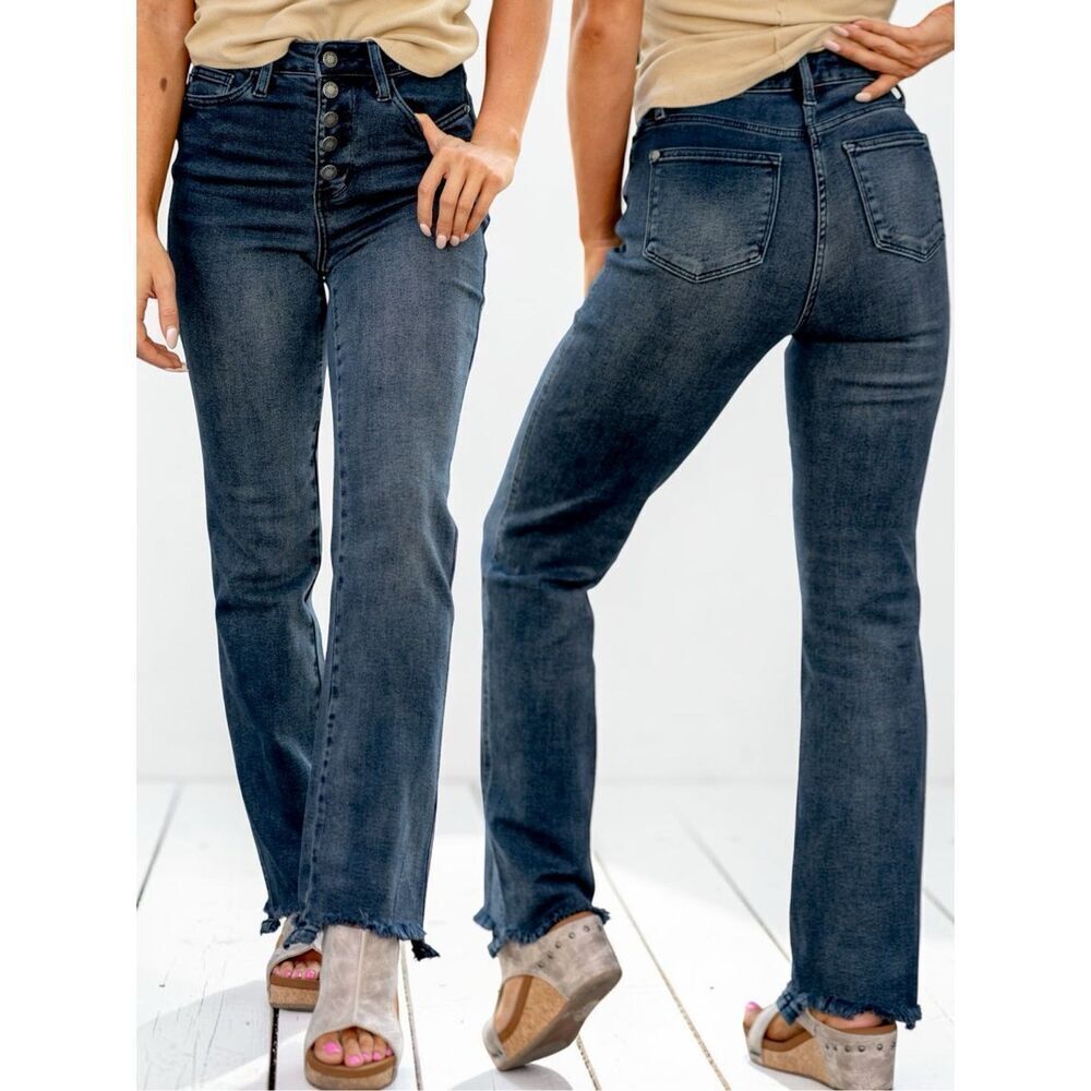 Judy Blue High Rise Button Fly Straight Leg Jeans Dark Wash Raw Hem Reg Plus NWT